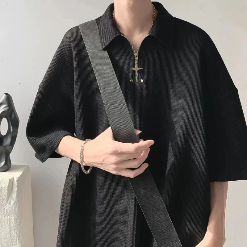 

Trend Zipper Patchwork Plus Size Polo Shirts Men's Summer Short Sleeve Solid Loose Street Casual Tops Fashion Korean Men Clothes