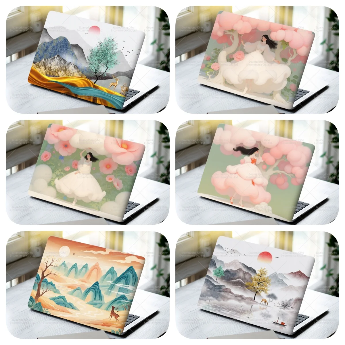 2PCS Flower Girl Oil Painting Laptop Stickers Set Flower Art Waterproof PVC Decals MacBook Traditional Ink Style Computer Skin