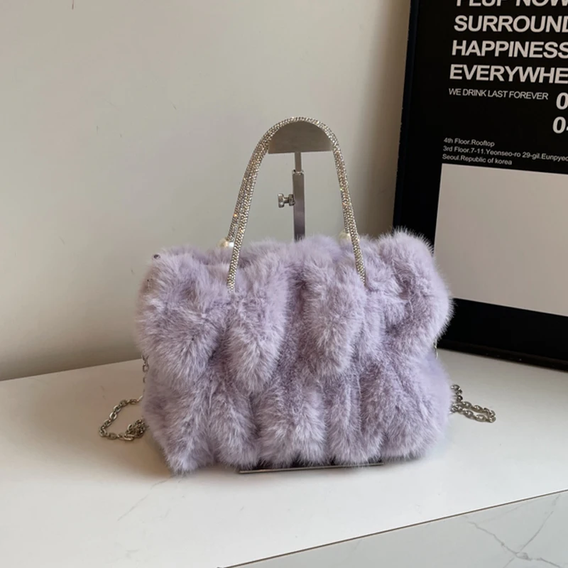 

Purple Plush Pearl Handbags Women Winter Large Capacity One Shoulder Bags Casual Versatile Chain Crossbody Bags Party Pouch