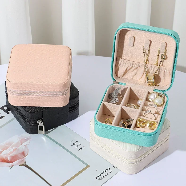 1PCS Mini Jewelry Organizer Display Travel Jewelry Zipper Case Boxes Earrings Necklace Ring Portable Jewelry Box Leather Storage