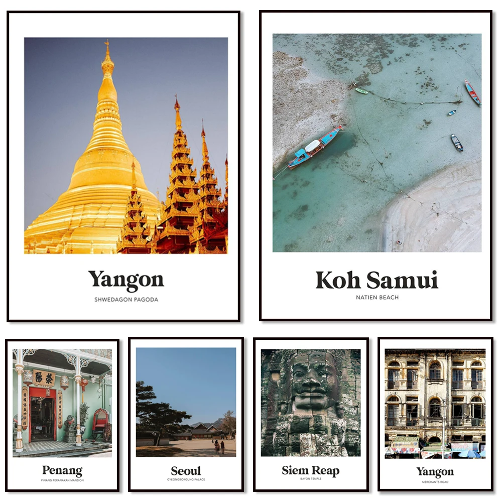 Siem Reap, Angkor Wat, Bayon Temple, Malasia, Corea, Tailandia, Myanmar, arte asiático, Camboja, Koh Samui cartel de viaje en la playa