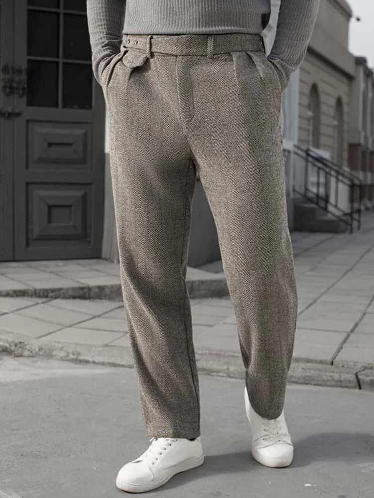 Naples Style Mens Woolen Trousers Fashion Belt High Waist Pants 2026 Spring Casual Pleated Slim Men Straight Trousers Old Money