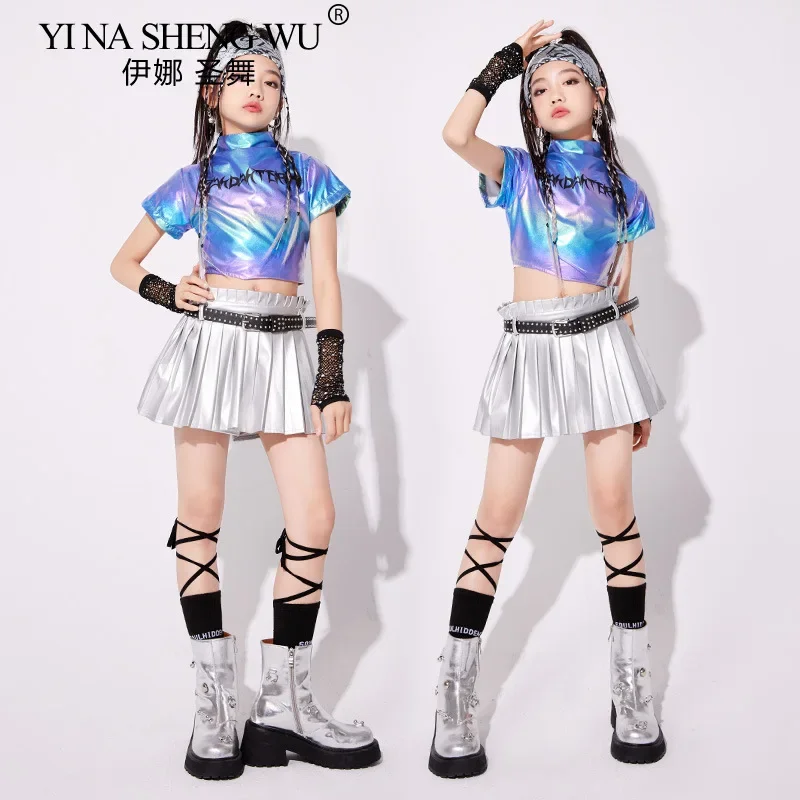 Girls Jazz Dance Costume Kpop Performance Outfit Laser Silver Crop Top And Pleated Skirt Set Street Wear Group Dance Clothes