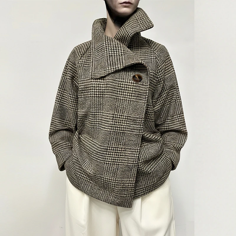 

Modigirl, новинка 2025, осенне-зимнее женское пальто, куртка в стиле ретро, модная клетчатая куртка с узором «гусиные лапки», на пуговицах, асимметричная верхняя одежда для женщин