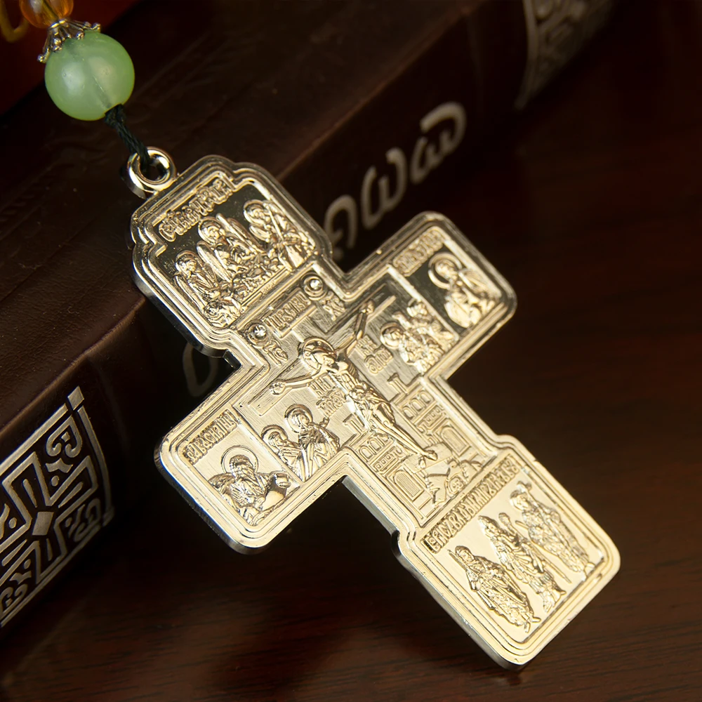 HTISOK Orthodoxe Halskette mit Holzperlenkette, Kruzifix, Goldener Holzrosenkranz, Perlenkette, religiöser Jesus-Gebetsschmuck – Detail 9