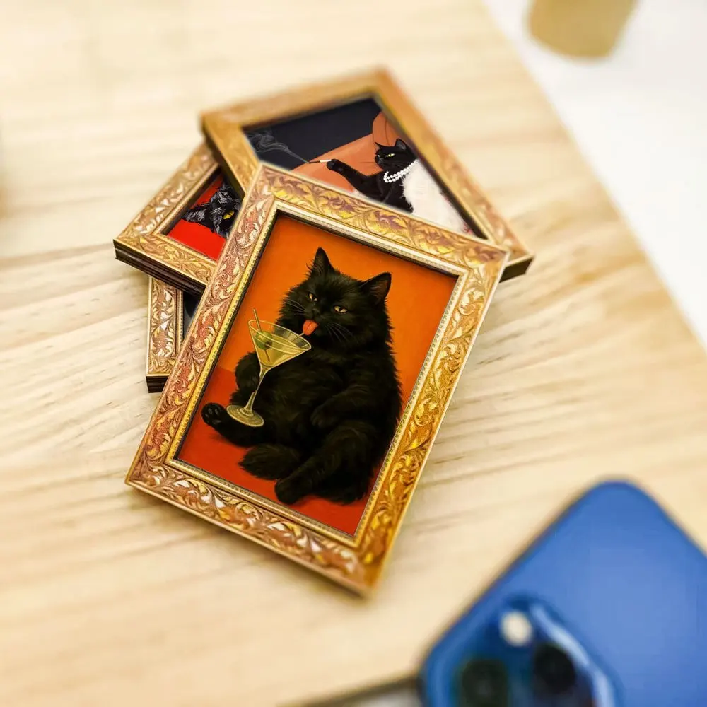 Lustiger Cocktail-Katzen-Kühlschrankmagnet, Retro Martini-Liebende Schwarze Katze Kunst, Holzgerahmter Magnet für Küche, Zuhause & Einzigartige Geschenke – Detail 3