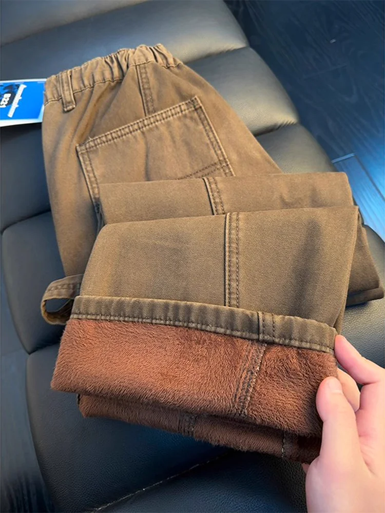 

Мужские джинсы из коричневого денима на зиму, утепленные, с подкладкой, прямые брюки-клеш, рабочая одежда, в американском ретро-стиле