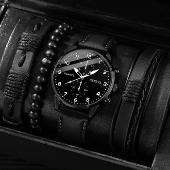 남성용 패션 비즈니스 쿼츠 손목시계, 빈티지 가죽 팔찌 세트, 상자 없음, 4 개