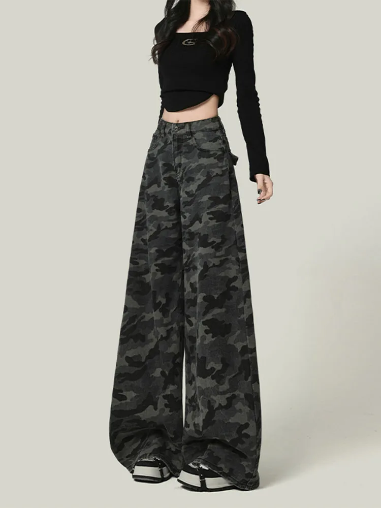 بنطلون جينز نسائي واسع الساق بنمط التمويه الأمريكي الرجعي، خصر عالي وفضفاض مستقيم للخريف والشتاء، بنطلون عمل