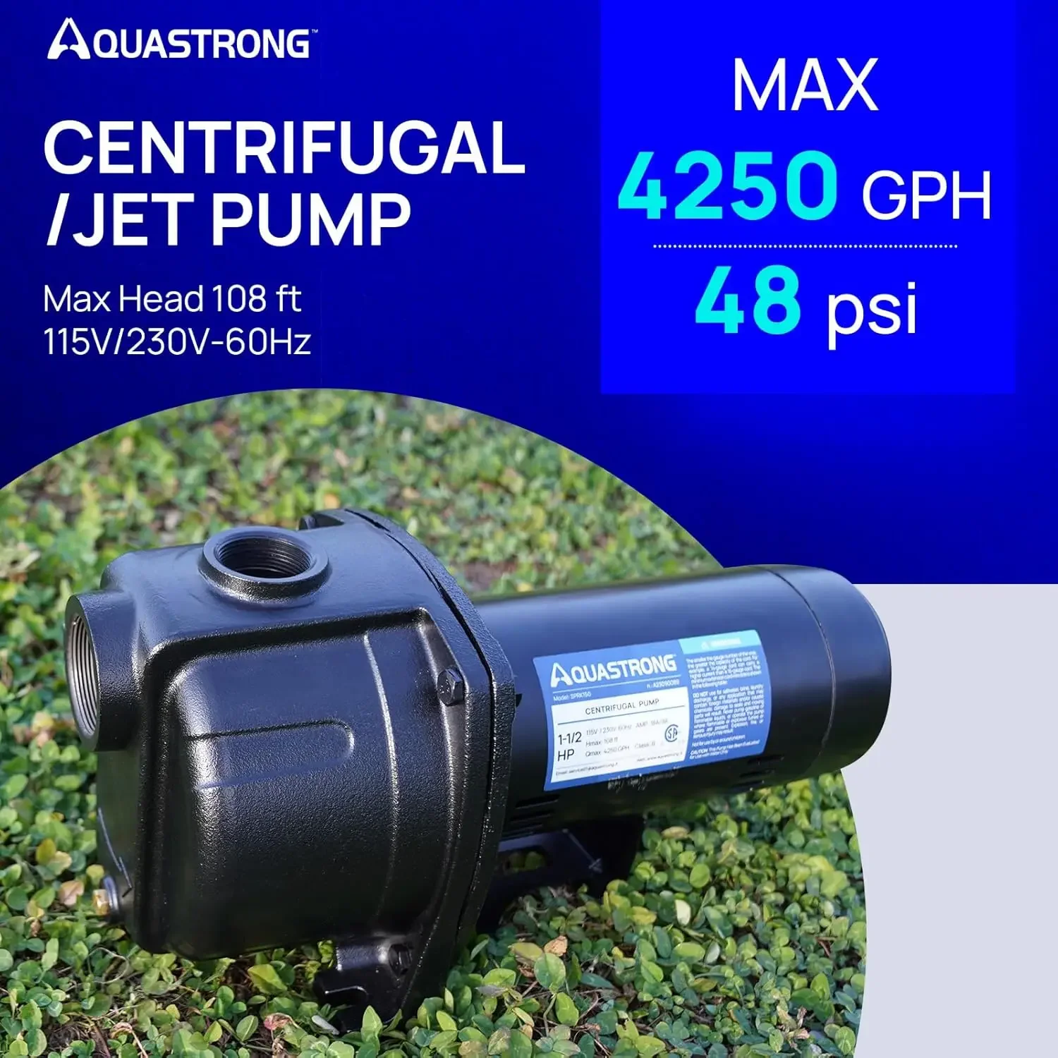 Centrifugal Jet Pump 4250 GPH 115/230V Durable Cast Iron Pump for Lawn Sprinkler and Irrigation Automatic Overheat Protection