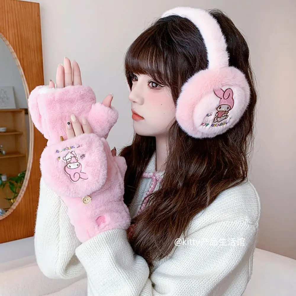 Kawaii Sanrio Cinnamoroll Plush Earmuffs Gloves Kuromi Anime Winter Thicken Warm Soft Gloves Sweet Girls Student Festival Gift