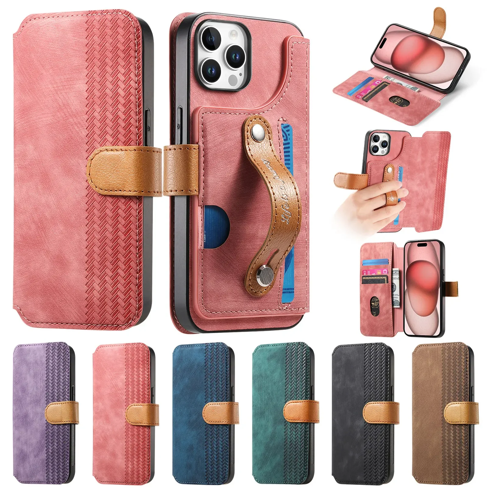 

Phone Cover Wristband Cards Solt Flip Leather Wallet Case For Iphone 16 Pro Max 15 Plus 14 13 12 11 Xs Xr Se 2022 Stand Book Rfi