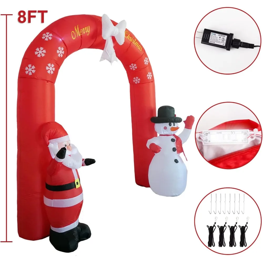 8FT Christmas Archway Inflatable Outdoor Decorations, Christmas Blow up Arch Decor Built-in LED Lights, Santa Claus and Snowman