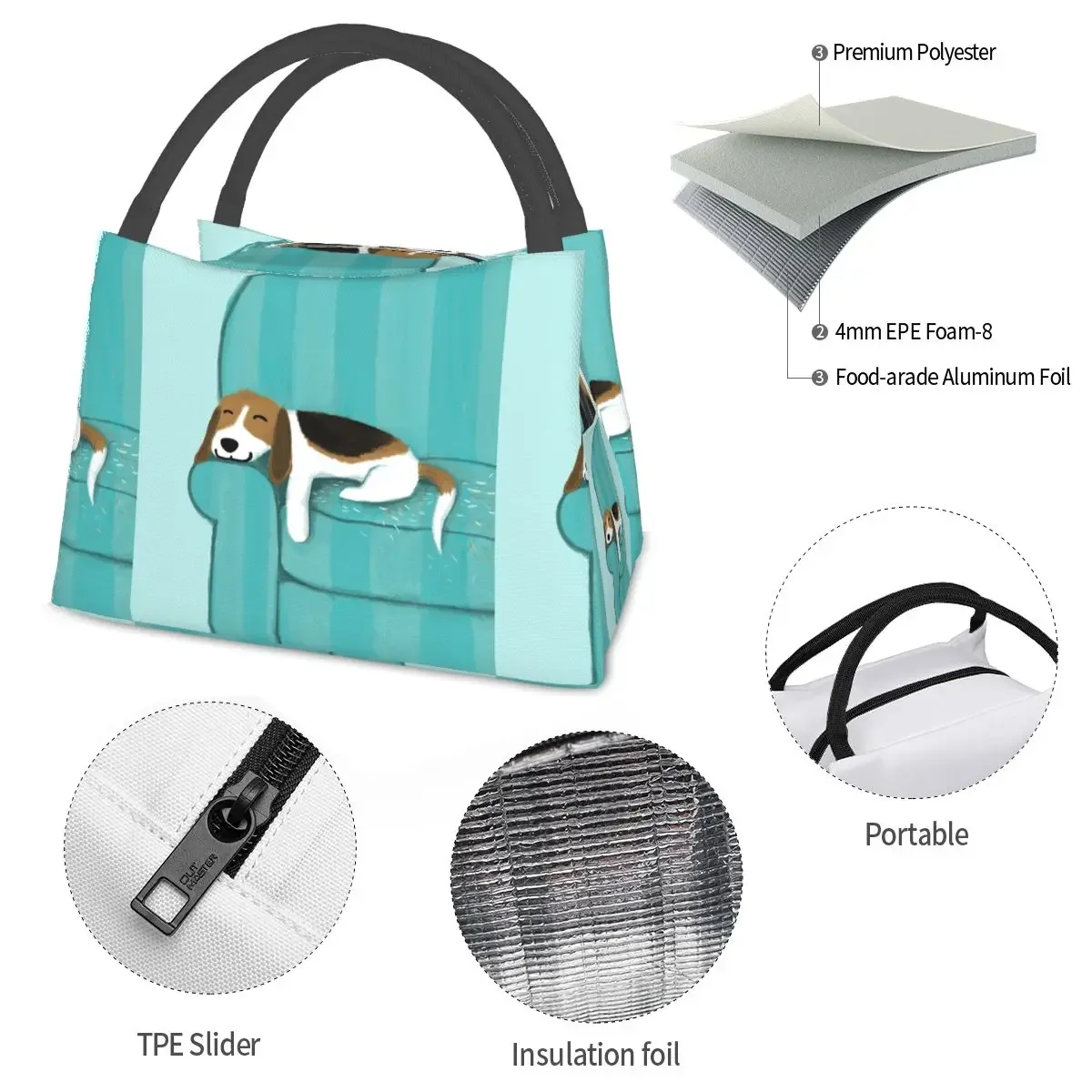 Happy Couch Dog Cute Beagle Throw Lunch Bags Insulated Bento Box Lunch Tote Picnic Bags Cooler Thermal Bag for Woman Children