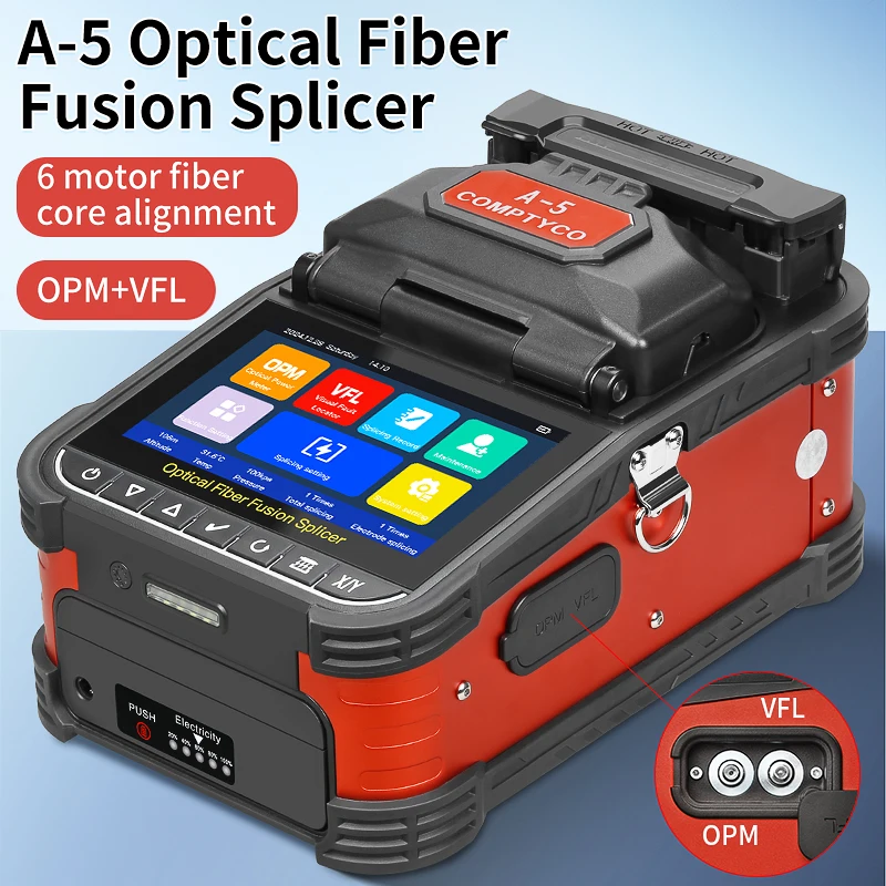 COMPTYCO A-5/FS-60F/AUA-70F Optical Fiber Fusion Splicer 6 Motors SM MM Fiber Core Welding Machine Multilingual Built-in VFL OPM