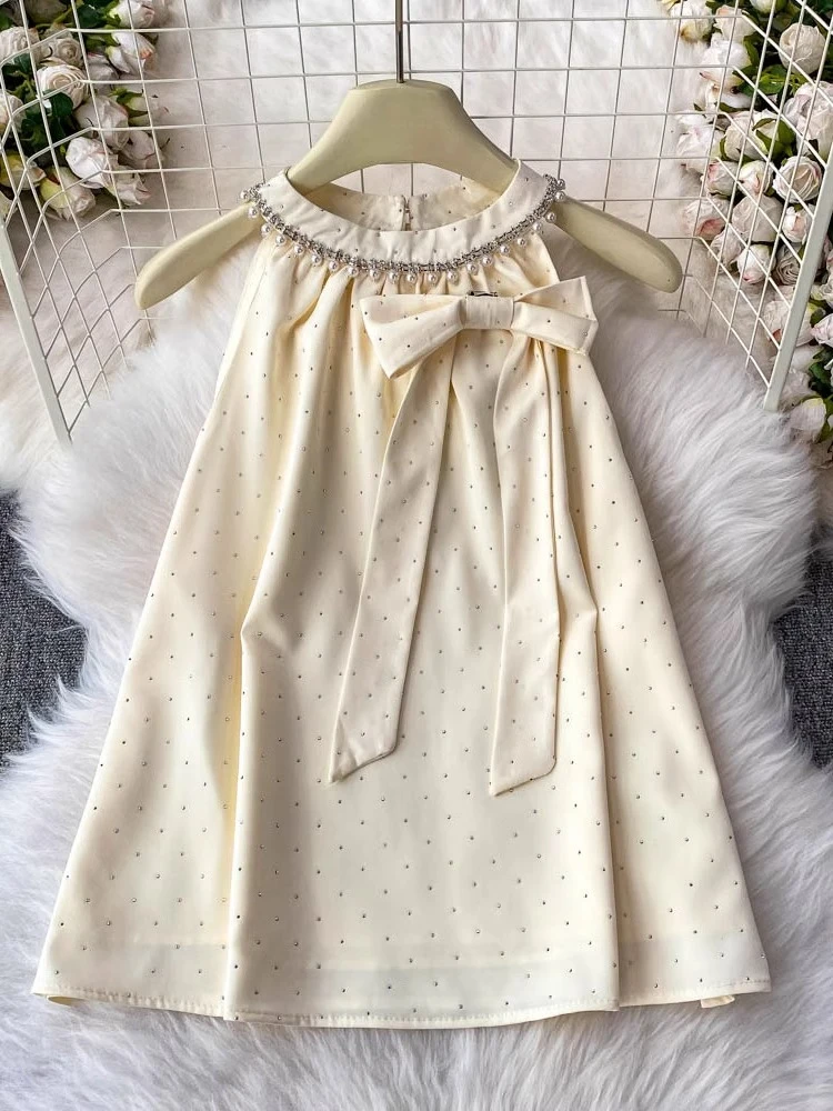 

French Elegant Shirts O Neck Sleeveless Bow Patchwork Tops Heavy Beading Polka Dot Blouses Summer All Match 2025 Women Clothing