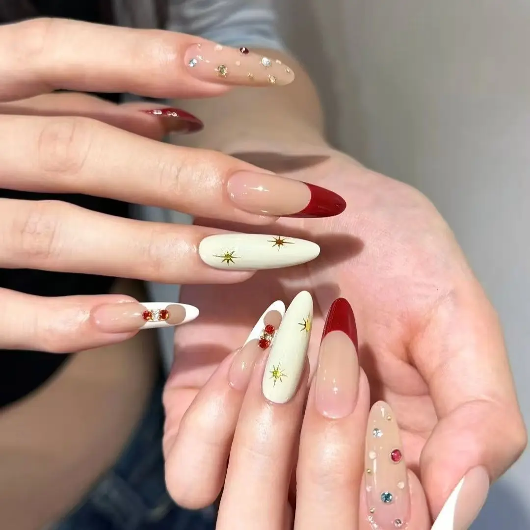10 قطعة اليدوية طويلة البيضاوي الصحافة على الأظافر النبيذ الأحمر الفرنسية ستار حجر الراين تصميم الحلو لطيف الأظافر وهمية يمكن ارتداؤها رسومات أظافر تلميح فتاة #1