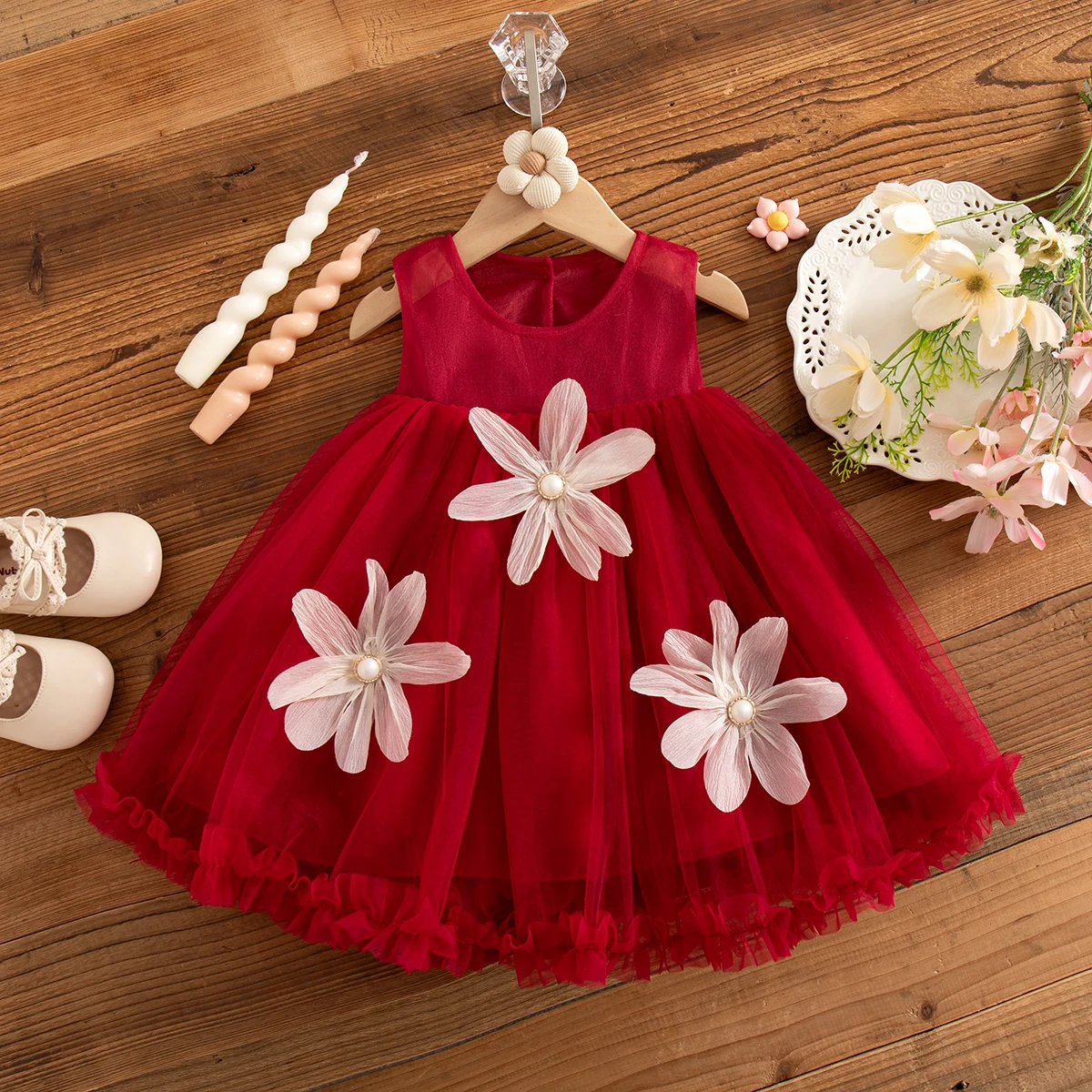Summer Baby Girl Solid Color Baptism Dress Korean Style Toddler Fashion Sweet Flowers Birthday Party Gift Princess Fairy Dress