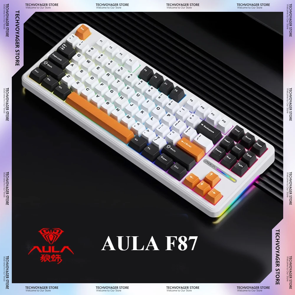 AULA F87 Grey Wood Switch Wired Mechanical Keyboards RGB Side Light Hot Swappable Space Gold Switch Tri Mode Keyboards for Gamer