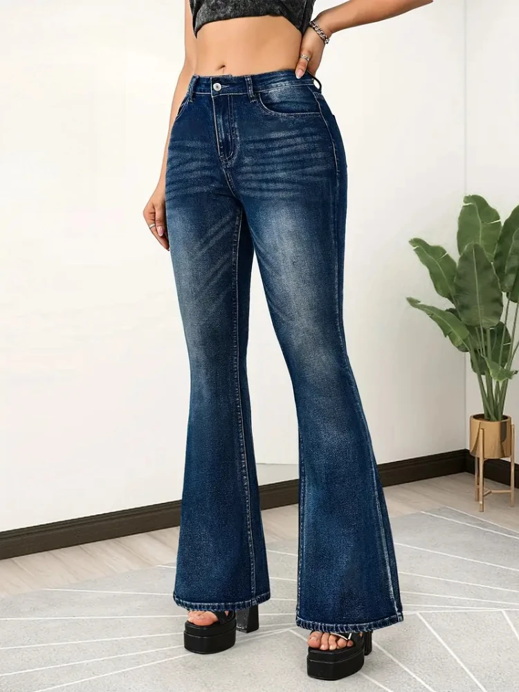 AOSSVIAO Pantalones vaqueros para mujer, pantalones vaqueros acampanados de cintura alta con botones y elásticos, pantalones ajustados lavados versátiles informales de estilo americano