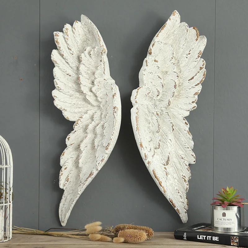 

home decoration living room craft antique vintage white polyresin resin angel wings wall hanging decor art