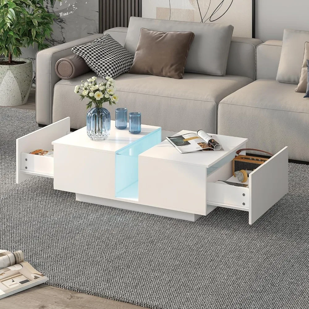 White Led Coffee Table for Living Room, Rectangular Living Room Table with Storage, Acrylic Coffee Tables with 2 Sliding Drawers