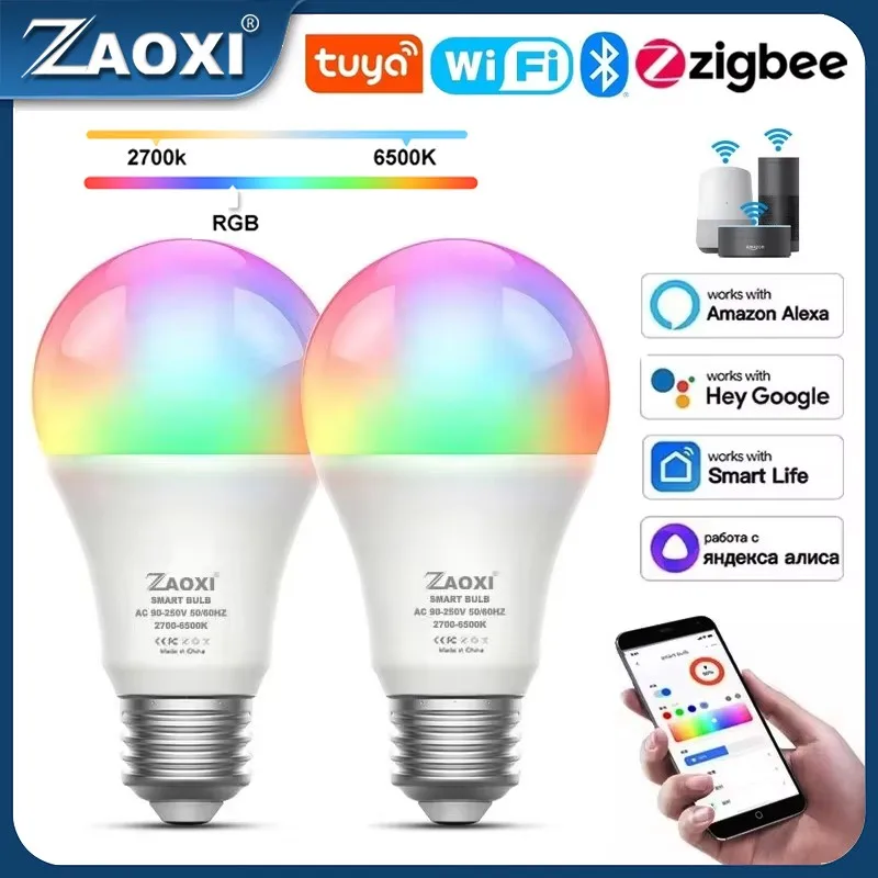 

Zaoxi Zigbee/Tuya/WIFI/Bluetooth E27 Smart LED Light Bulbs 2700-6500k RGB Dimmable Lamp Works With Alexa Google Home Smart Life