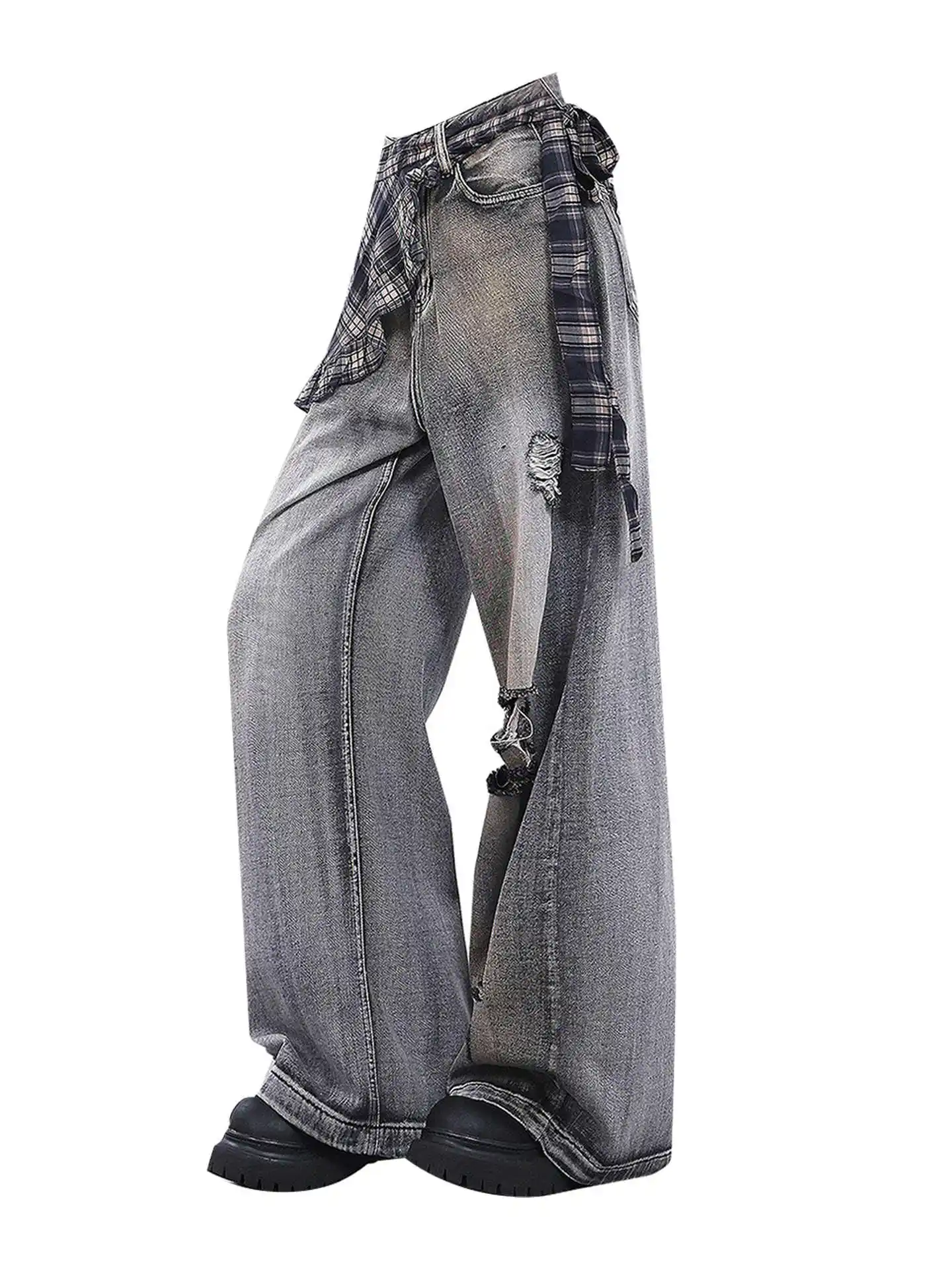 المرأة أسود رمادي Y2k فضفاض ممزق الجينز اليابانية 2000s نمط الهيب هوب جان السراويل خمر Harajuku سراويل جينز ملابس الخريف