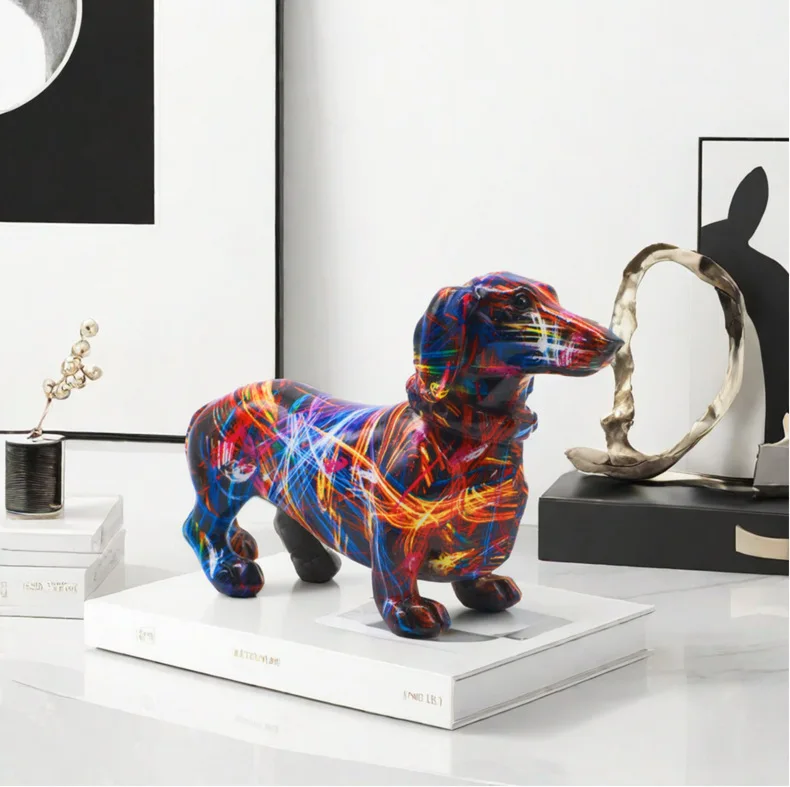 Resin Graffiti Dog Statue Modern Home Decoration Animal Sculpture Action Figure Dachshund Dog Figurine