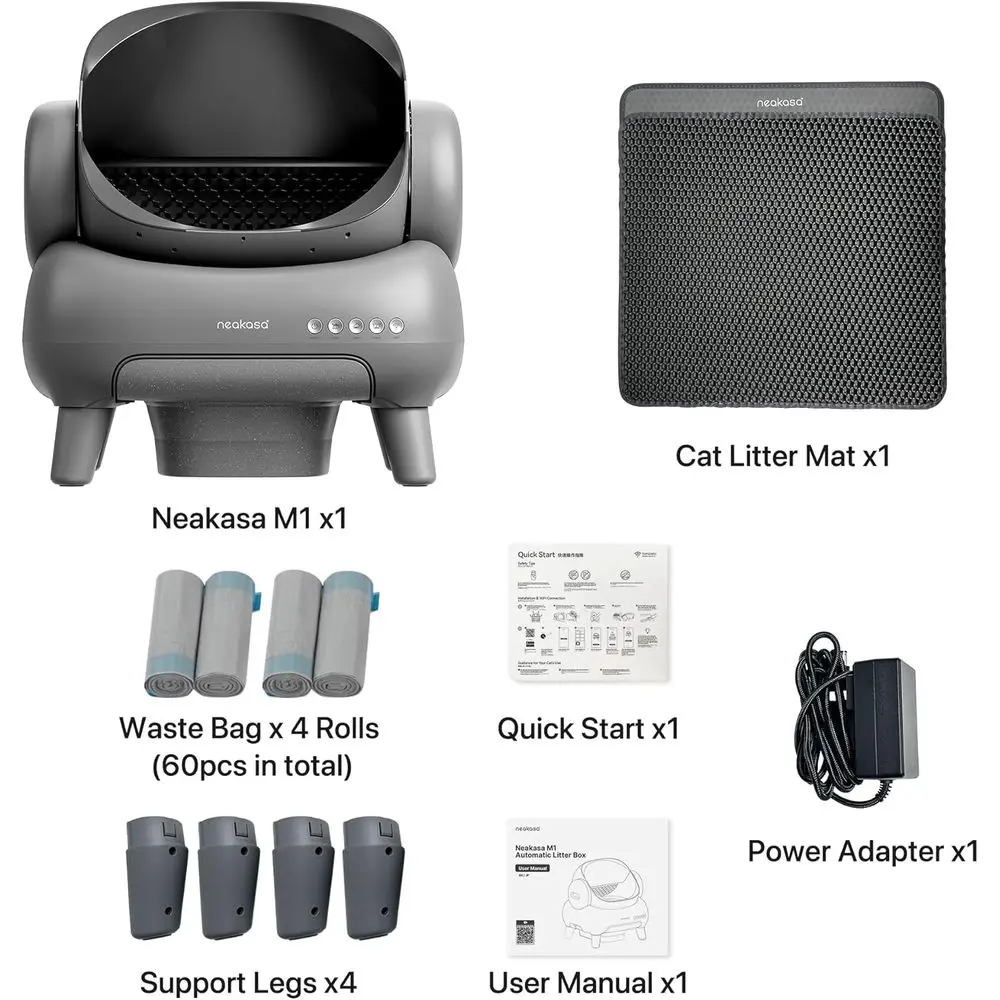 M1 plus Cat Litter Box Bundle - Open-Top Self-Cleaning with APP Control Includes 4 Rolls (60pcs) Refill Waste Bags 2 Extra Rolls