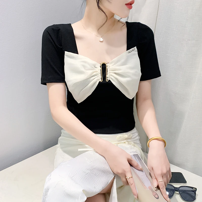 2024 New Summer European Clothes Cotton T-Shirt Chic Sexy Square Neck Patchwork Bowknot Women Tops Short Sleeve Hot Tees 44020