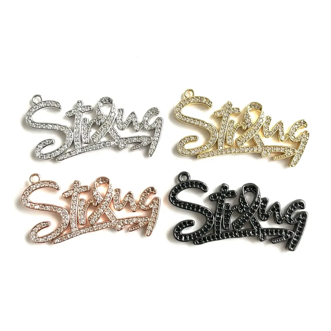 5Pcs Zircon Pave Copper Strong Charms Breast Cancer Awareness Sign for Women Jewelry Making DIY Bracelets