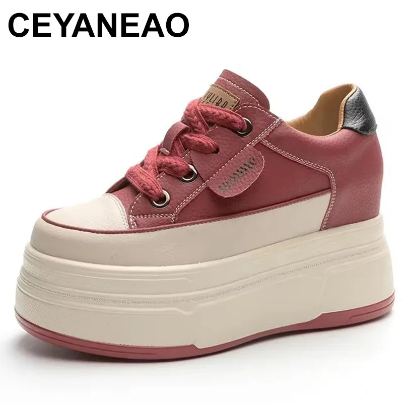 

2025 9 см женские повседневные дышащие кроссовки на скрытом каблуке из натуральной кожи на платформе, модная летняя обувь на вулканизированной платформе