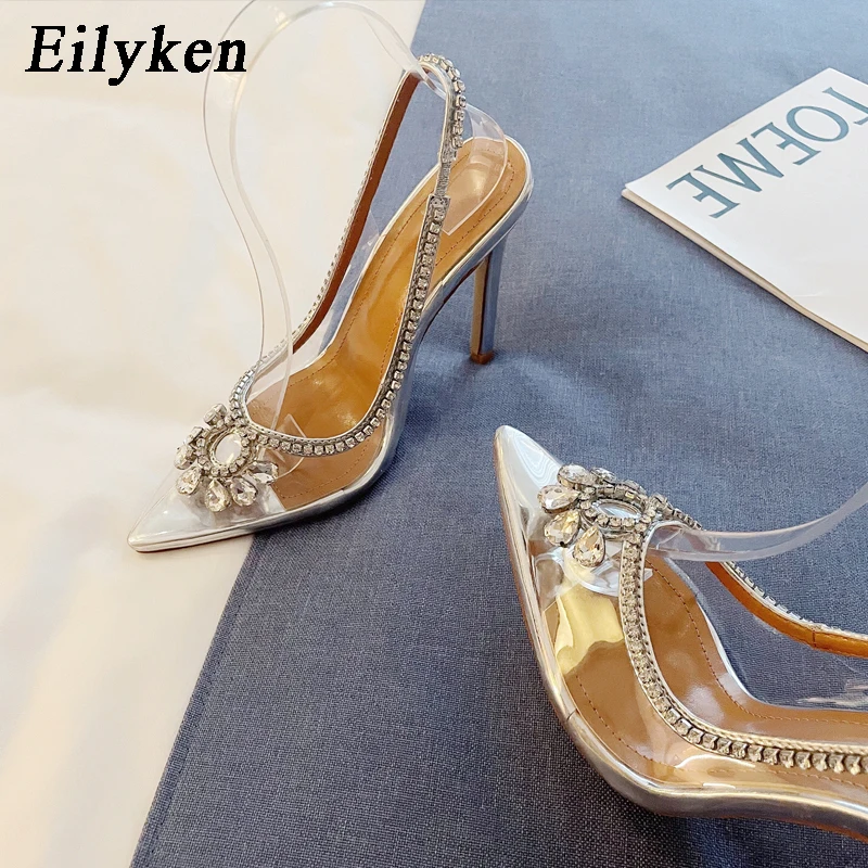 Eilyken PVC przezroczysty Rhinestone kobiety sandały pompy moda drążą pantofle wysokie obcasy buty ślubne