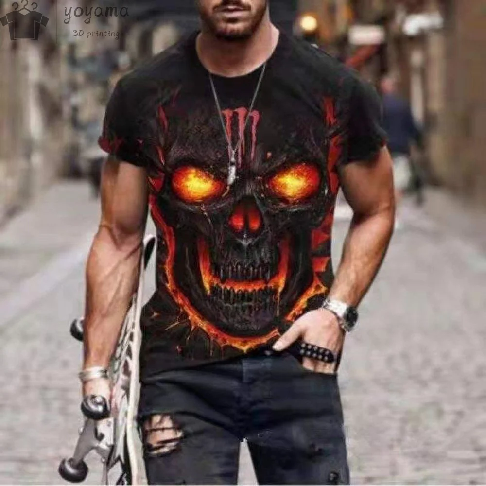 Red Skull Print T-shirt Punk Style Men\'s Clothing Gothic Design Skull Graphic T shirts Men\'s Short Sleeve Tee Skull T-shirt Tops