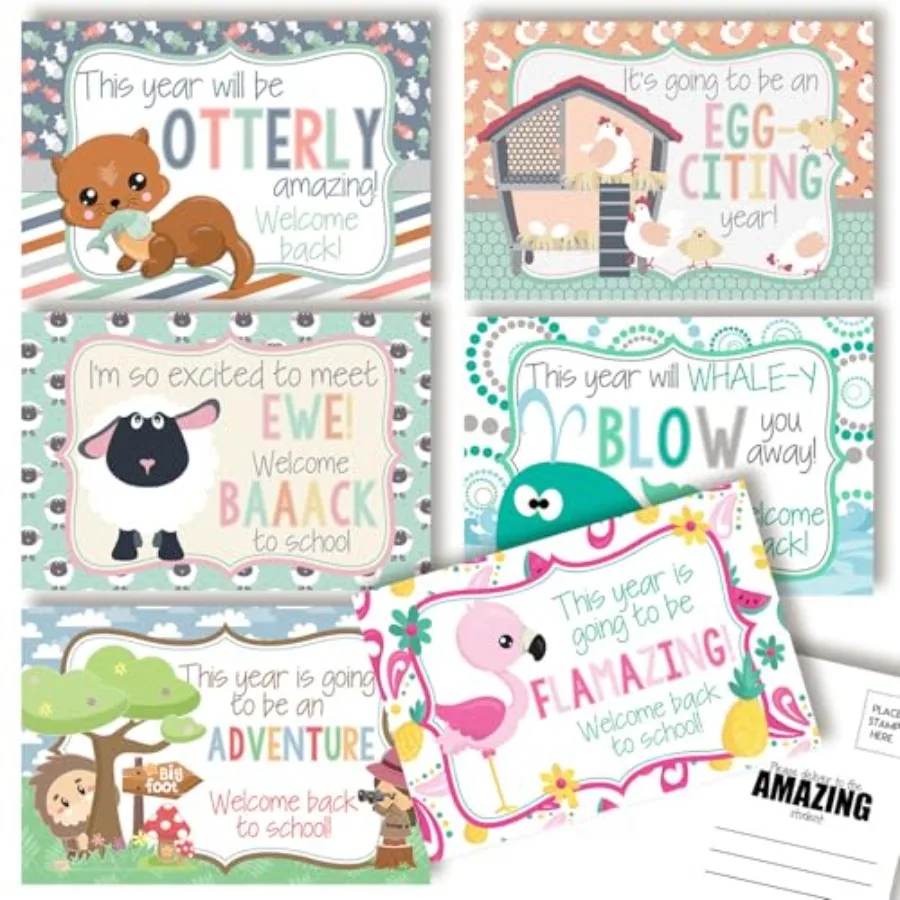 

Fun Animal Themed Welcome Back To School Teacher Postcards For Students, 30 4"x6" Funny Postcards 6 different designs Bulk Posi