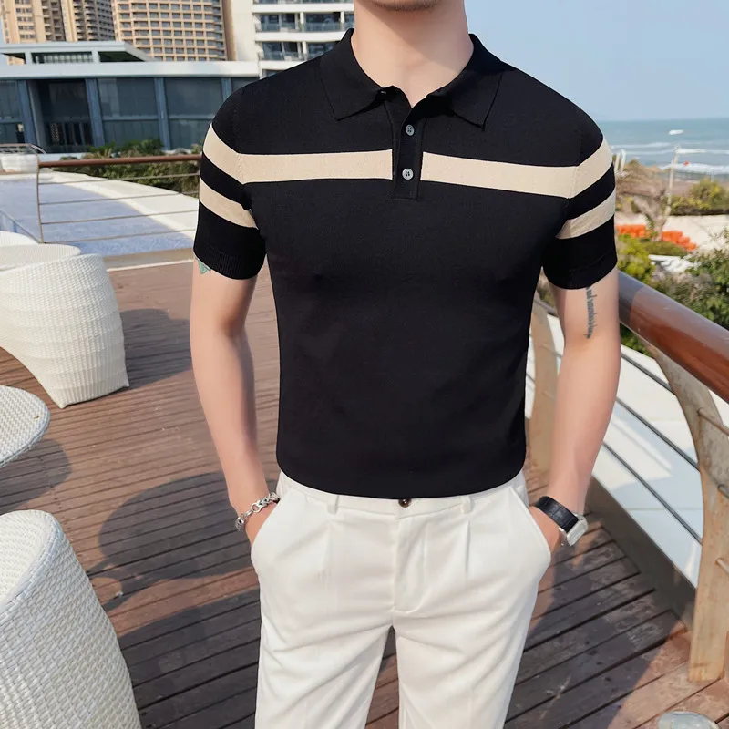 2023 High Quality Men\'s Knitted Ice Silk Polo Shirt Summer New High-end Business Casual Lapel Short Sleeve T-shirt