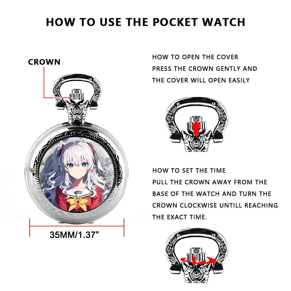 Jam saku kuarsa kubah kaca desain Anime Charlotte dengan angka Arab Dial pada rantai Ideal hadiah untuk acara khusus