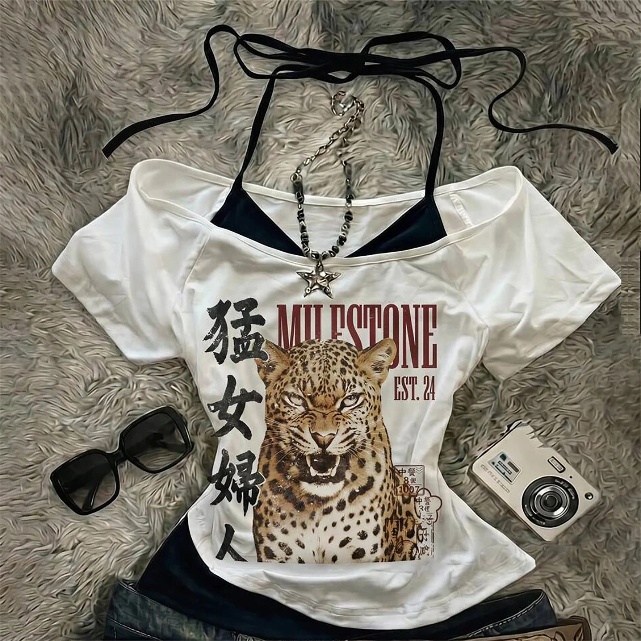 Y2K Millennium Style 2000 Retro Women's Fashion Gothic Top Style Fashion T-shirt Short Sleeve Printed Pattern Clothing Slimming