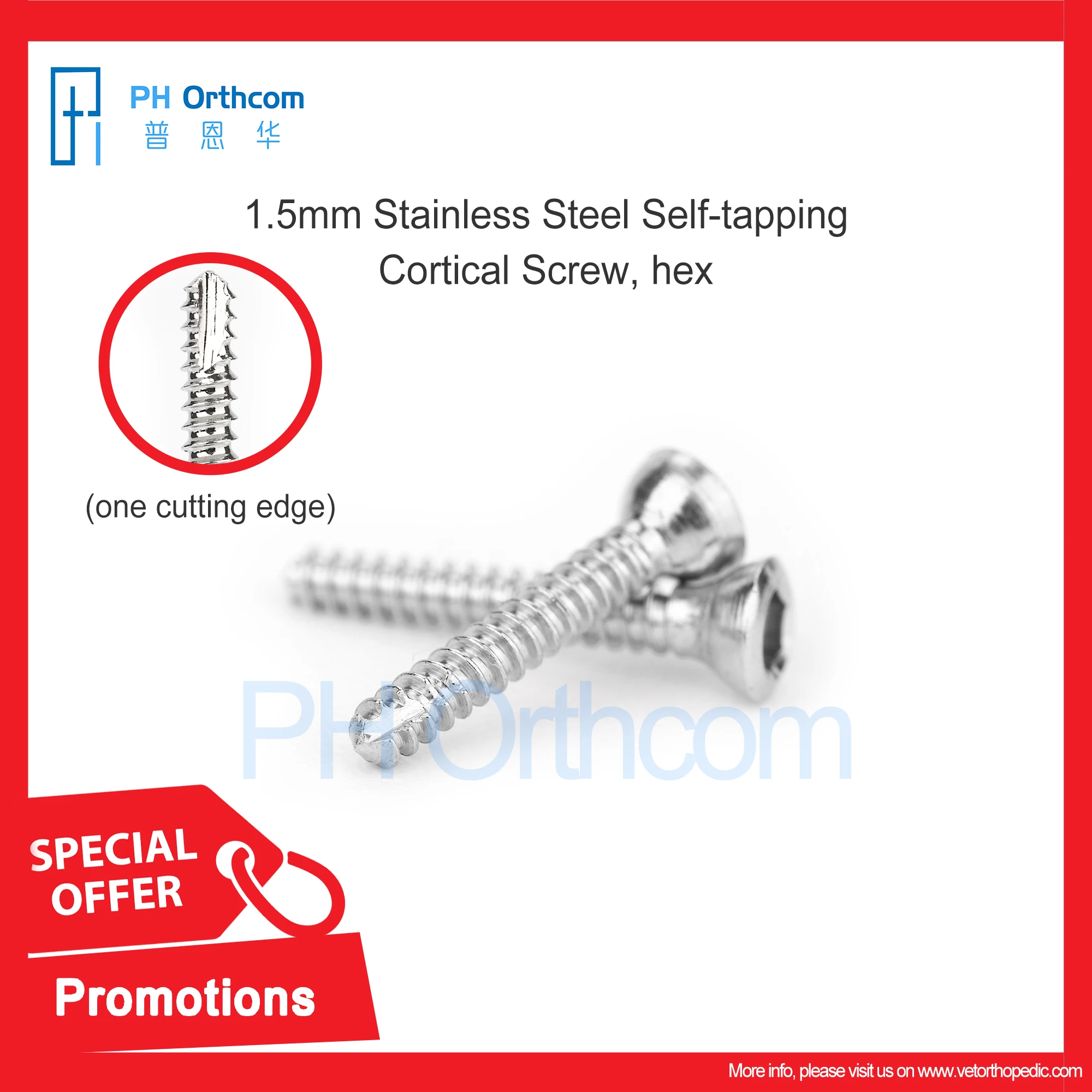 Shop Today! 1.5mm Stainless Steel Self-tapping Cortical Screw Hex One Cutting Edge