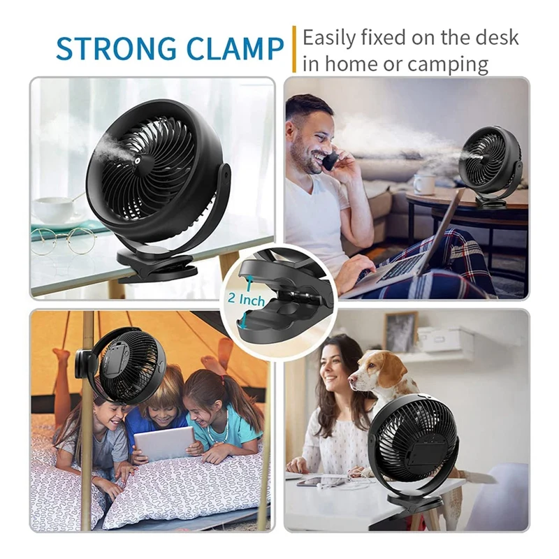 Ventilateur à clipser à piles pour poussette de bureau, ventilateur frais de 8 pouces, 2 modes de brume, sortie avec 10000 ml d'eau précieuse, 3 vitesses, 200 mAh