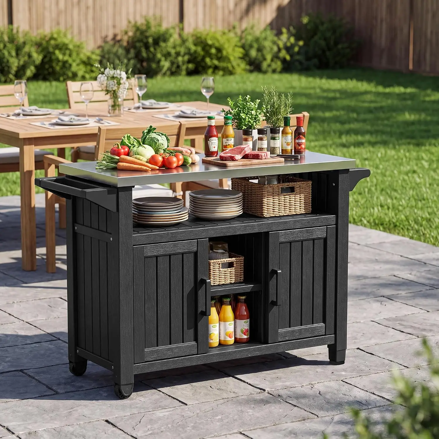 Rolling BBQ Prep Cart – Outdoor Grill Table with Wheels-Black, 304 Stainless Steel Top 110 lbs capacity 82 Gallons Total Storage