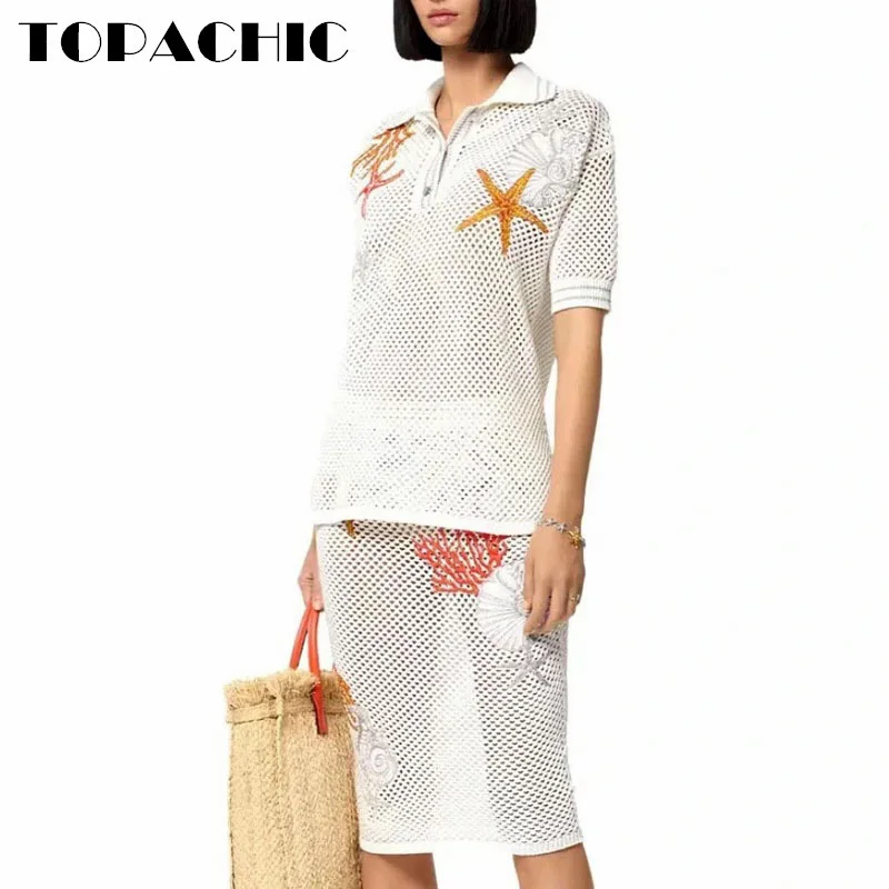 

Женский трикотажный комплект TOPACHCI, футболка с коротким рукавом и вышивкой в виде морской звезды и ракушки или жаккардовая ажурная юбка миди, 7,21