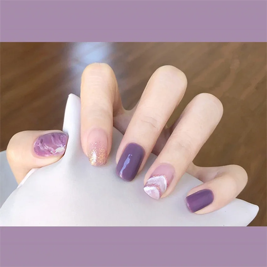 

24Ps/Set Purple Halo Hills Short Removable Wearing False Nails French Simple Short Press on Nail Paste Round Head Fake Nail Tips