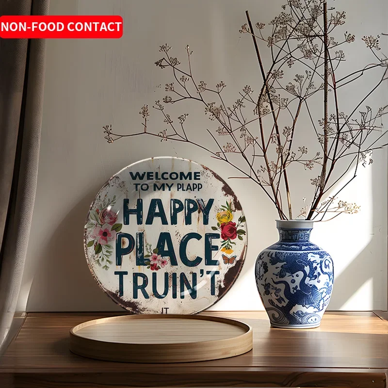 1pc Happy Place Trout' Ceramic Wall Hanging Decorative Plate - Round Art Deco Style, Non-Food Contact, Ideal for Home, Living
