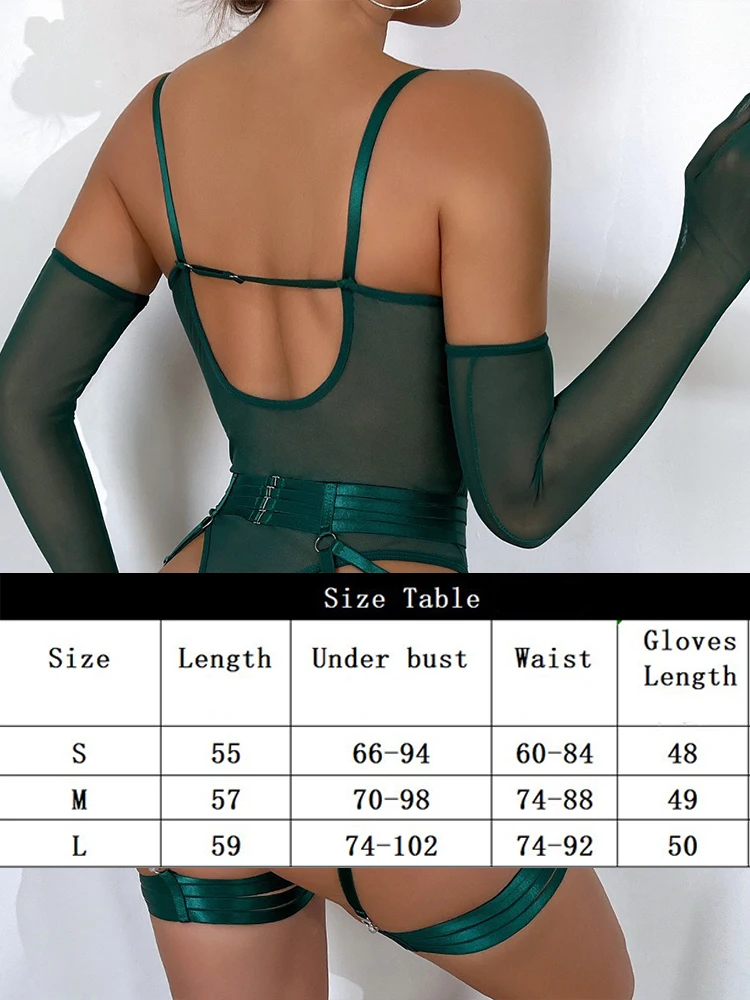 Tight Lingerie Lace Bodysuit Sexy See Through Erotic Bodysuit with Gloves Garter Night Clubwear Outfit Sissy Open Anal Mesh Top image 6