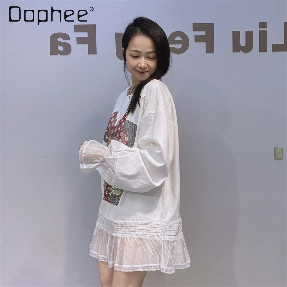 

Women's Round Neck Long Sleeve Ruffled Mid-Length Top 2025 New Autumn Rhinestone Top Women Clothing Kawaii Clothes