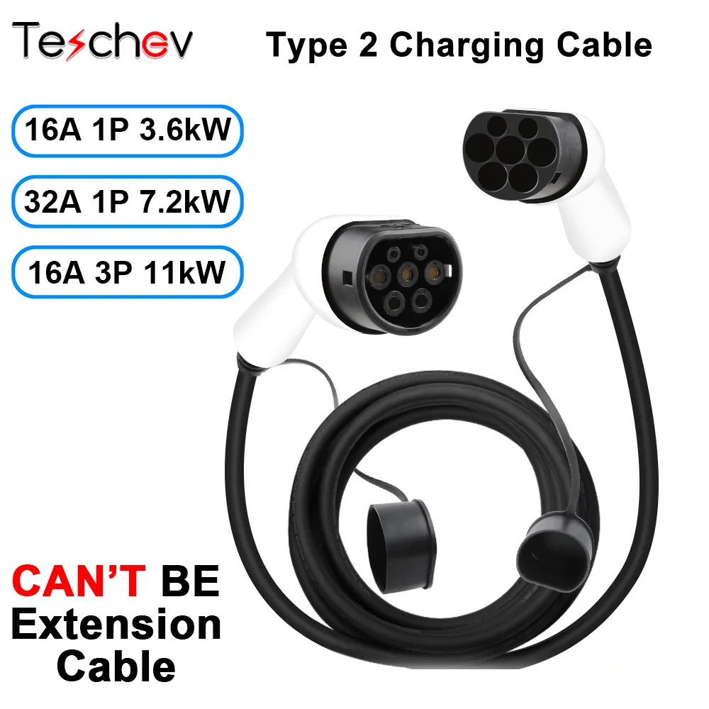 Câble de chargement Teschev Type2 à Type2 EV 16A/32A 3,6 kW 7,2 kW 11 kW pour véhicule électrique, cordon de Type 2 pour Station de chargeur