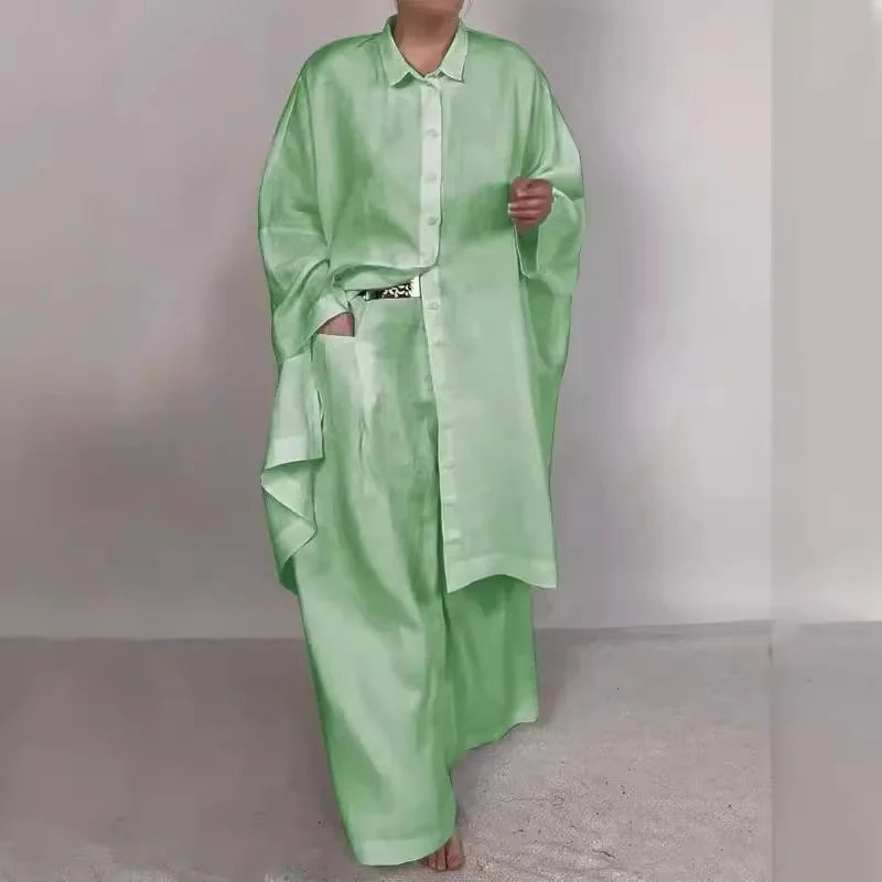 Women Single Breasted Shirt Set Two Piece Pant Sets Loose Solid Full Sleeve Long Cardigan Suits Wide Leg Pants Casual 2025