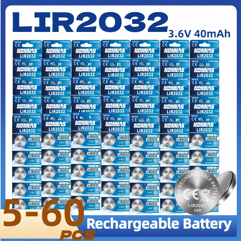 LIR2032 Lithium Battery Rechargeable Suitable for Car Keys, MP3 Players, Toys, Wireless Doorbells and Emergency Equipment.